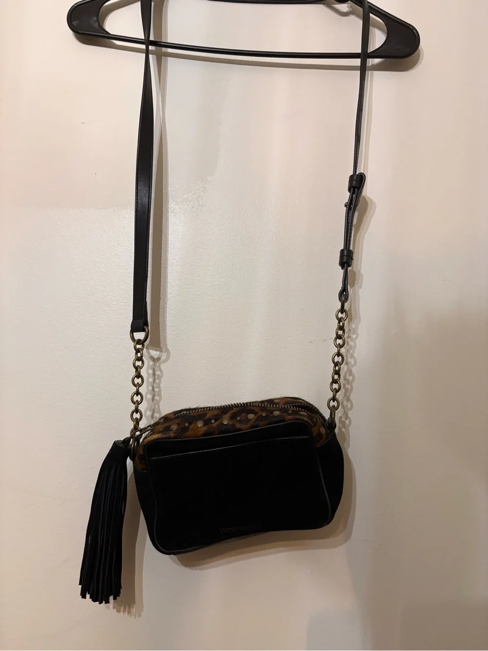 Lucky Brand Leopard Print Crossbody in Brown and Black with Tassel